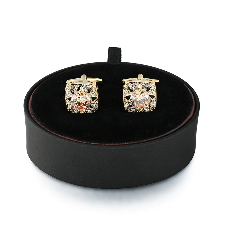

DY luxury design gold hollow crystal flower Cufflinks black leather box men French shirt Cufflinks box set free shipping