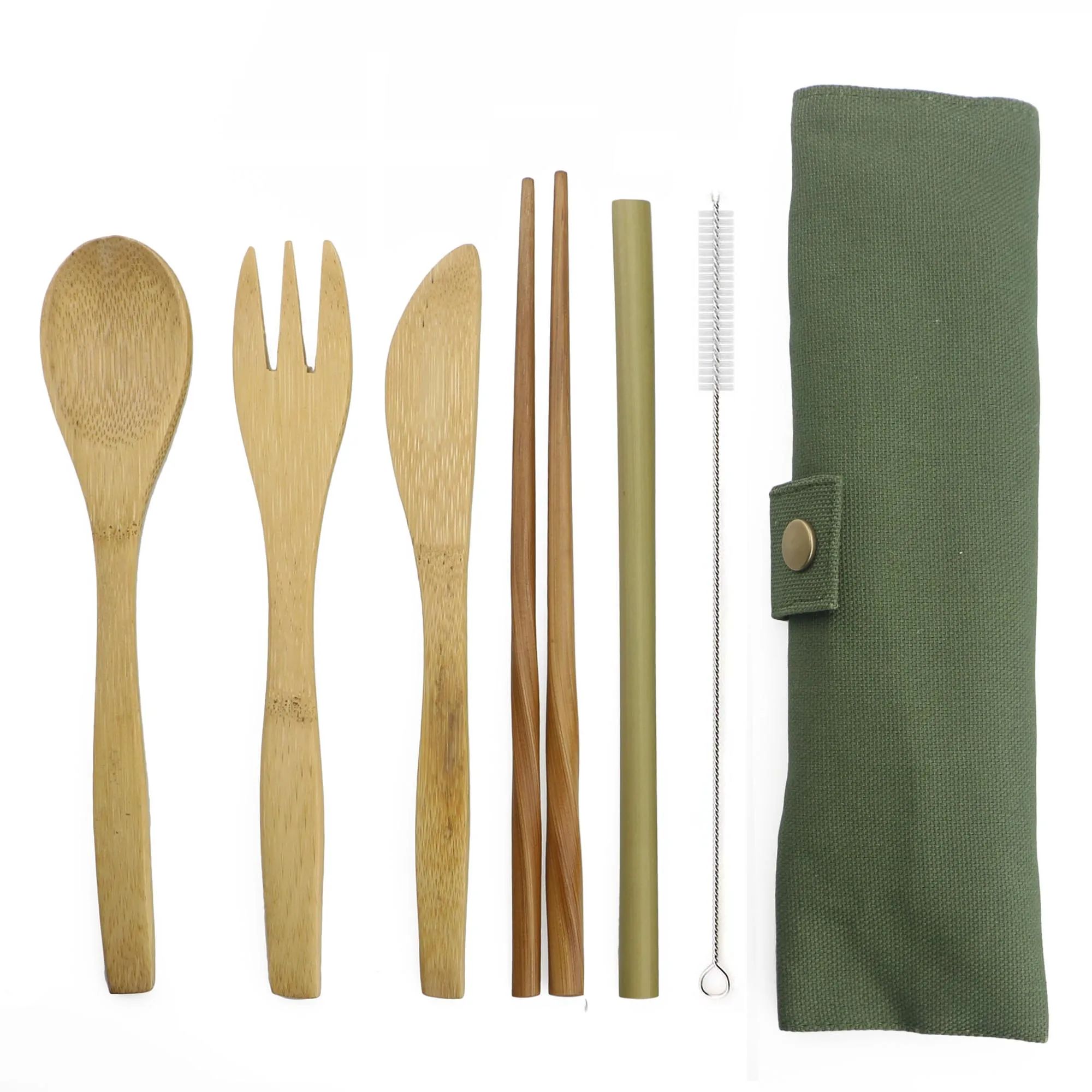 7 шт деревянный набор столовых приборов бамбуковая соломка набор посуды с тканевой сумкой ножи вилки для ложки и палочек соломинки дропшиппинг - Цвет: Army Green