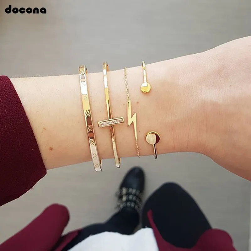 

docona Gold Lightning Circle Cyrstal T bar Bracelet Set for Women Alloy Geometric Opened Bracelet Bangle 4pcs/1set C06308
