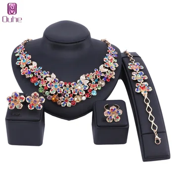 

Colored Flower Gold Plating Rhinestone Jewelry Sets African Beads Women Party Statement Big Necklace Bracelet Earrings Ring Prom
