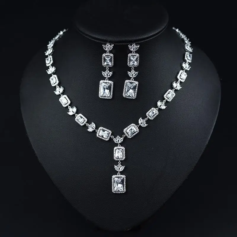 HIBRIDE New Arrival Water Drop Clear Cubic Zirconia Nigerian Jewelry Sets Women Bridal Square Shape Necklace Earring Set N-1047 - Окраска металла: white