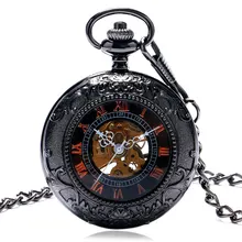 Black Pocket Watch Steampunk Skeleton Dial Retro Design Roman Numeral Pendant Watch Men Women Necklace Pendant with Chain Male