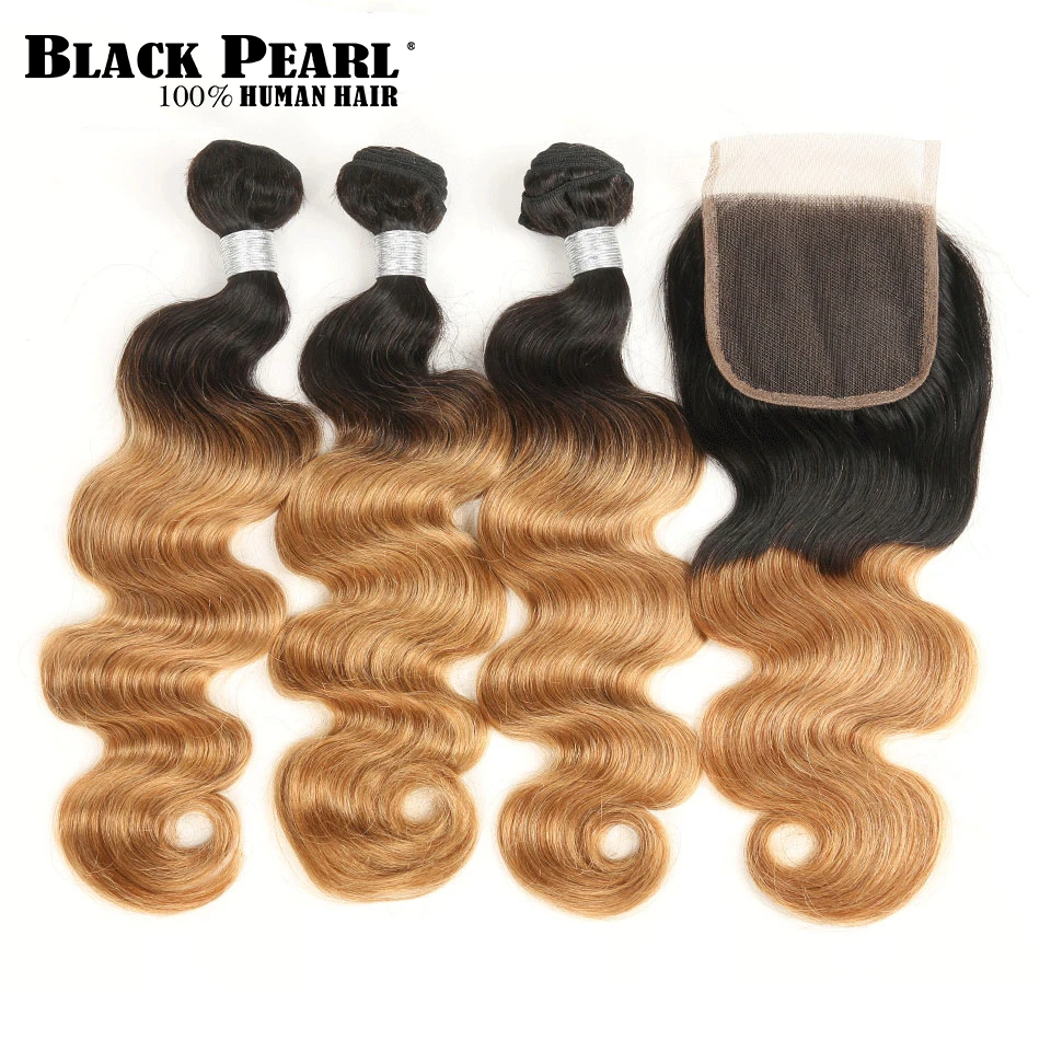 

Black Pearl Ombre Bundles With Closure Two Tone 1B/99J 1B/27 1B/30 Colors Brazilian Body Wave 3 4 Bundles With Closure