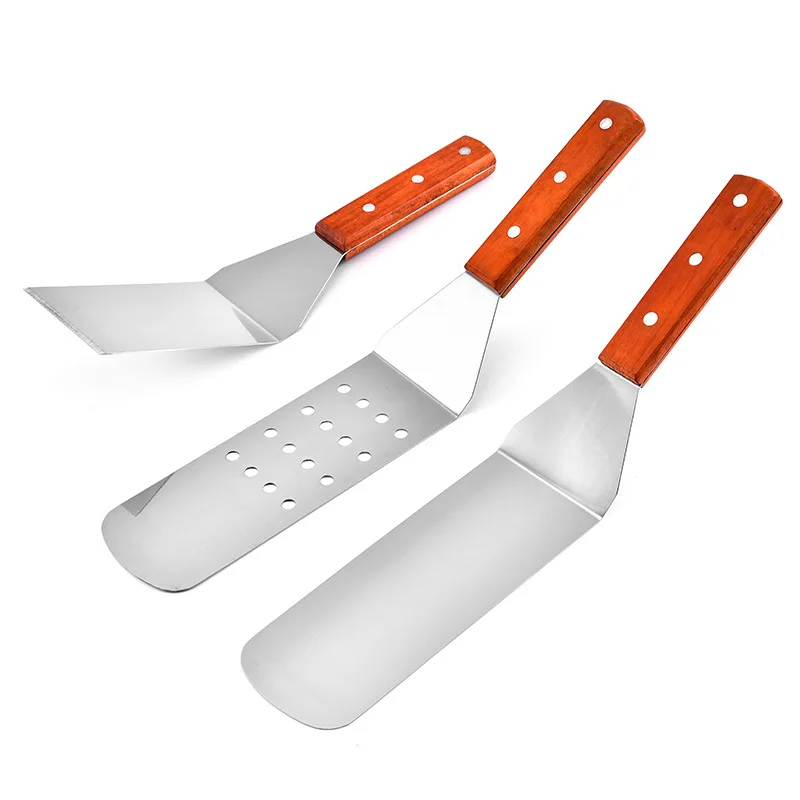 

Professional BBQ Spatula and Slotted Turner with Wood Handle, Perfect for Cast Iron Skillets and Flat Top Grills
