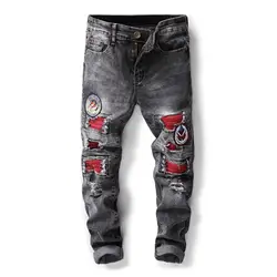 2018 Европейский Стиль мото & Байкер Джинсы для женщин Для мужчин нищий серый джинсы для Для мужчин тонкий тощий дизайнер облегающие брюки