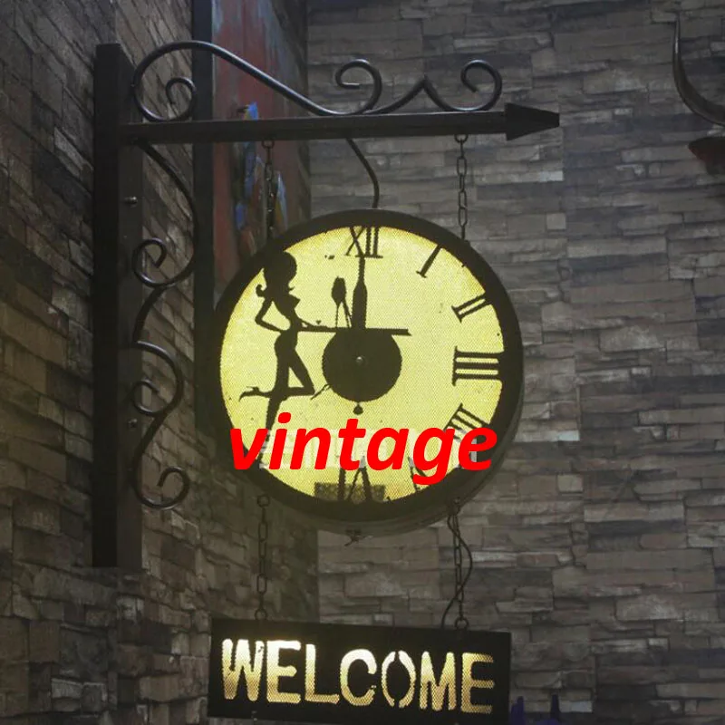 

British vintage Industrial style Iron Clock Welcome wall lamp Cafe Bar Restaurant Sign custom light Welcome to led wall lamp