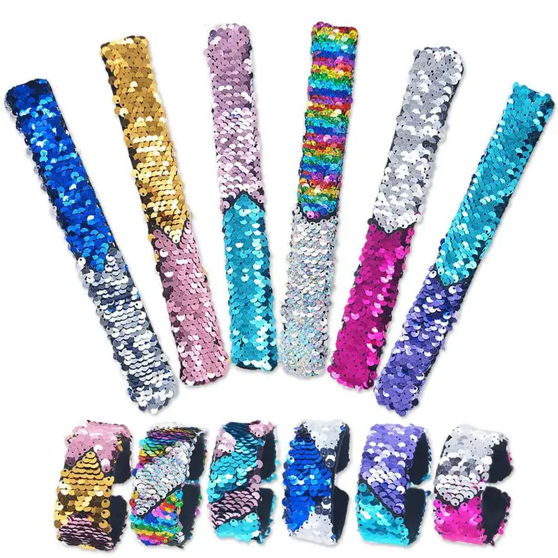 

12 Pack Little Mermaid Magic Charm Reversible Sequin Slap Bracelets, Birthday Party Favors Supplies Gifts for Girls Kids