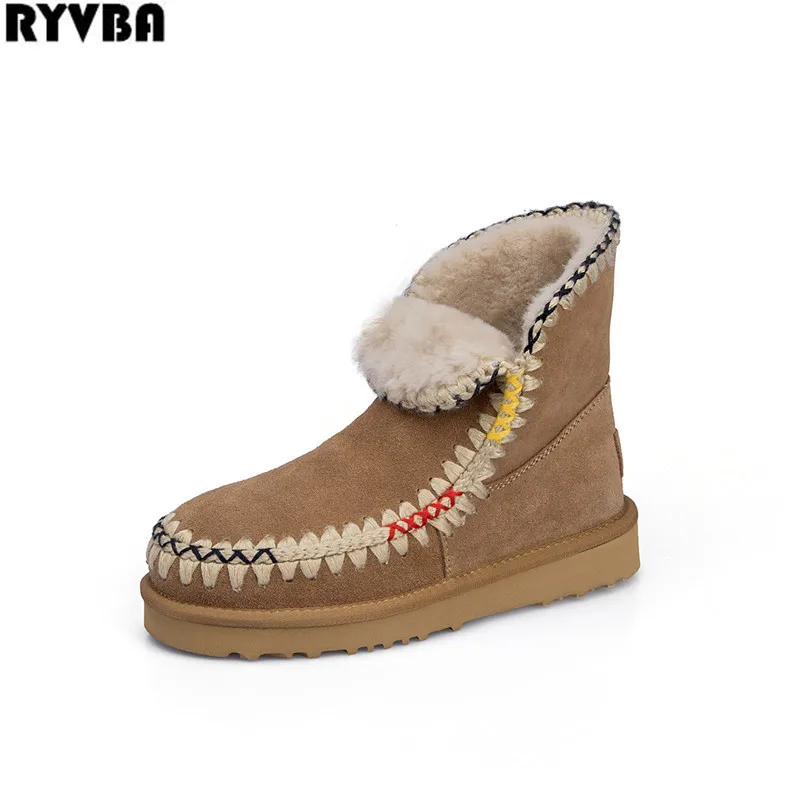 

RYVBA woman suede genuine leather snow boots women winter warm fur ankle boots 2018 womens shearling flats ladies flat shoes