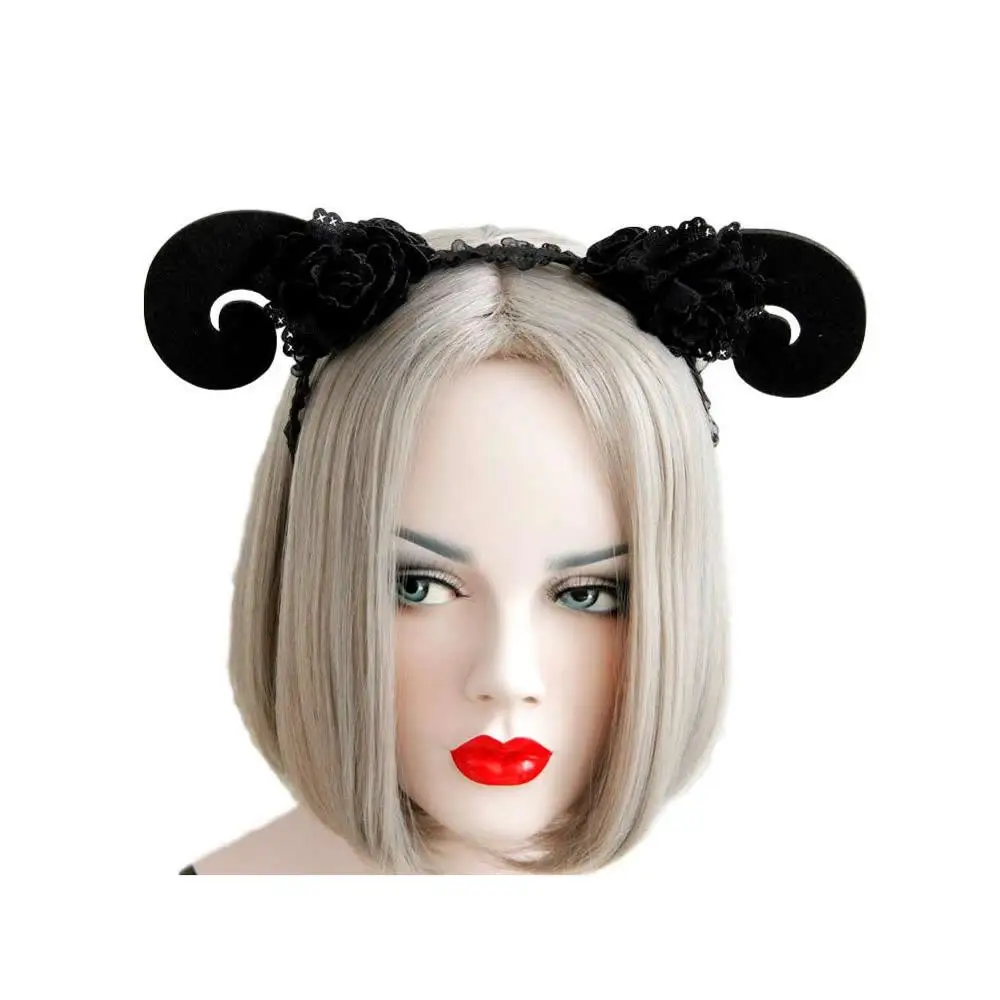 Хэллоуин летучая мышь дьявол повязка на голову в виде паука обруч для волос цветок Стразы кружево Корона олень кошка кролик ухо готический костюм для вечеринки - Цвет: Black Sheep