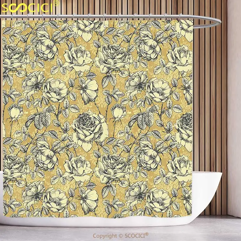 

Cool Shower Curtain Floral Vintage Hand Drawn Sketchy Roses with Leaves on Abstract Backdrop Print Black White and Khaki