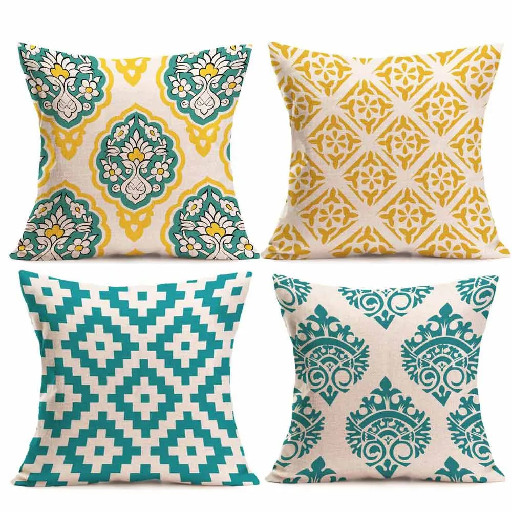 

4PCs Pillow Cases Linen Cotton Sofa Throw Cushion Cover Vintage Geometric Flower Pillowcases Home Decor #L