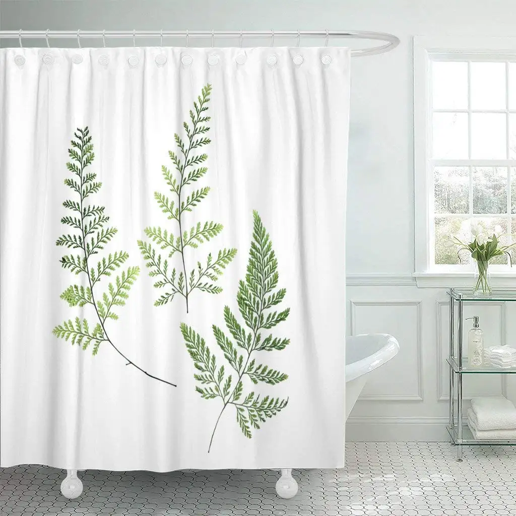 Shower Curtain Hooks Green Leaf Three Fern Leaves White Botanical