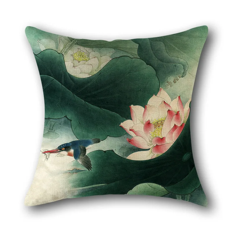 Antique Chinese style hand-painted pen lotus linen 45*45cm pillowcase sofa decoration seat cover pillow car bed cushion cover