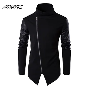 

AOWOFS Mens Hoodies Sweatshirts Black Cotton Pullover Zipper Fashion Streetwear Leather Patchwork Hip Hop Hoodies Spring Autumn