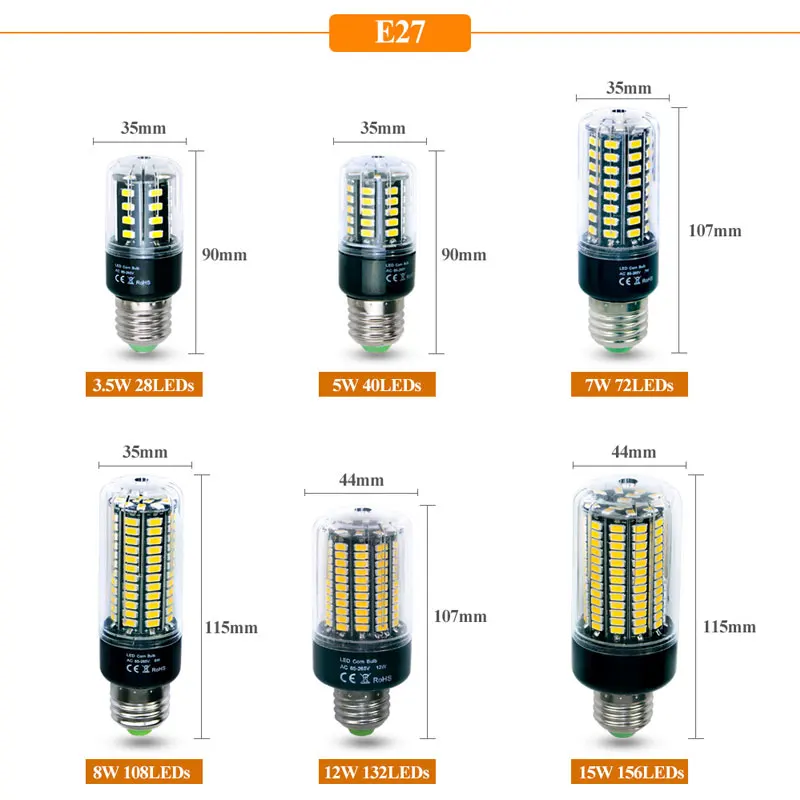 Светодиодный светильник 5736 SMD более яркий 5730 светодиодный светильник-кукуруза 3,5 Вт 5 Вт 7 Вт 8 Вт 12 Вт 15 Вт E27 E14 85 В-265 в без мерцания Холодный/теплый белый