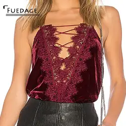 Fuedage 2018 красный Леди Sexy выдалбливают Топ две стороны носить вышивка топ, футболка летние шорты крючком без бретелек Crop top