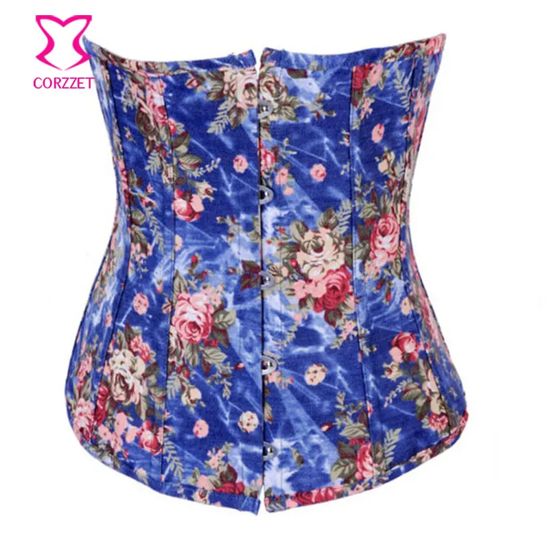 Corselet Floral Print Denim Underbust Corset Corpetes Bustier Sexy Waist Cincher Waist font b Shaper b