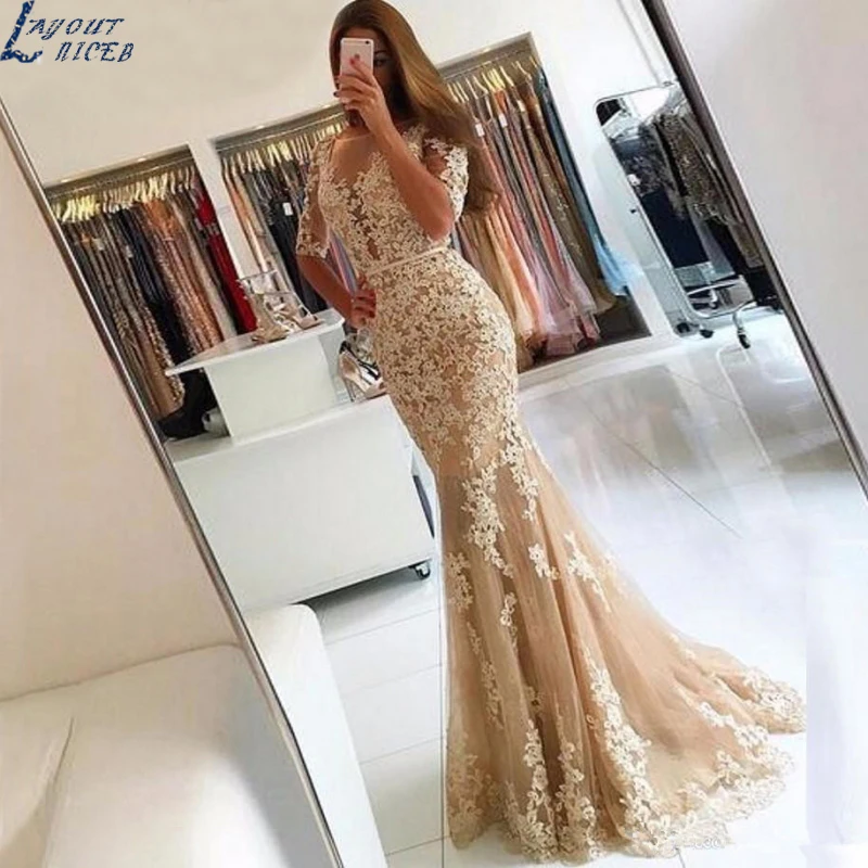 

SDG103 Modest Custom Made Long Dress Mermaid Evening Dress 2020 Lace Appliques Robe De Soiree longue 2020 Formal Dress Popular