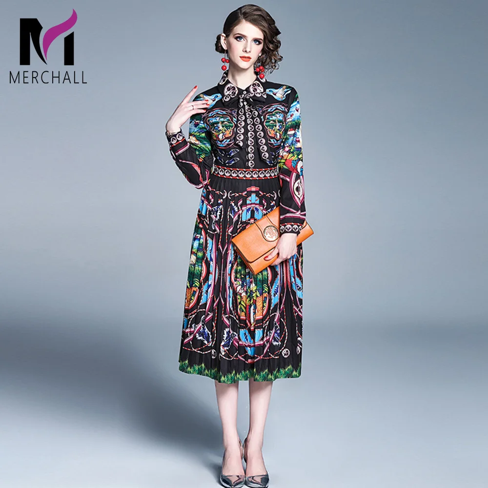 

Runway Designer Vintage Lovebird Feather Flower Printed Mid-calf Dress 2019 Autumn Women Long Sleeve Bow Belt Slim Pleated Dress