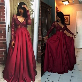 

Sexy Deep V-Neck Long Sleeve Evening Dress 2017 Custom Made Burgundy Lace Muslim Evening Dresses Long Dubai Robe De Soiree