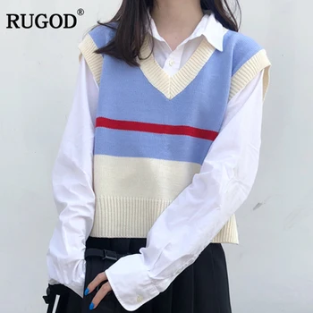 

RUGOD Women Casual Short Sweater Vest Striped V-Neck Pullovers Women Autumn Knitted Sweater Vest Female Tops pull femme hiver