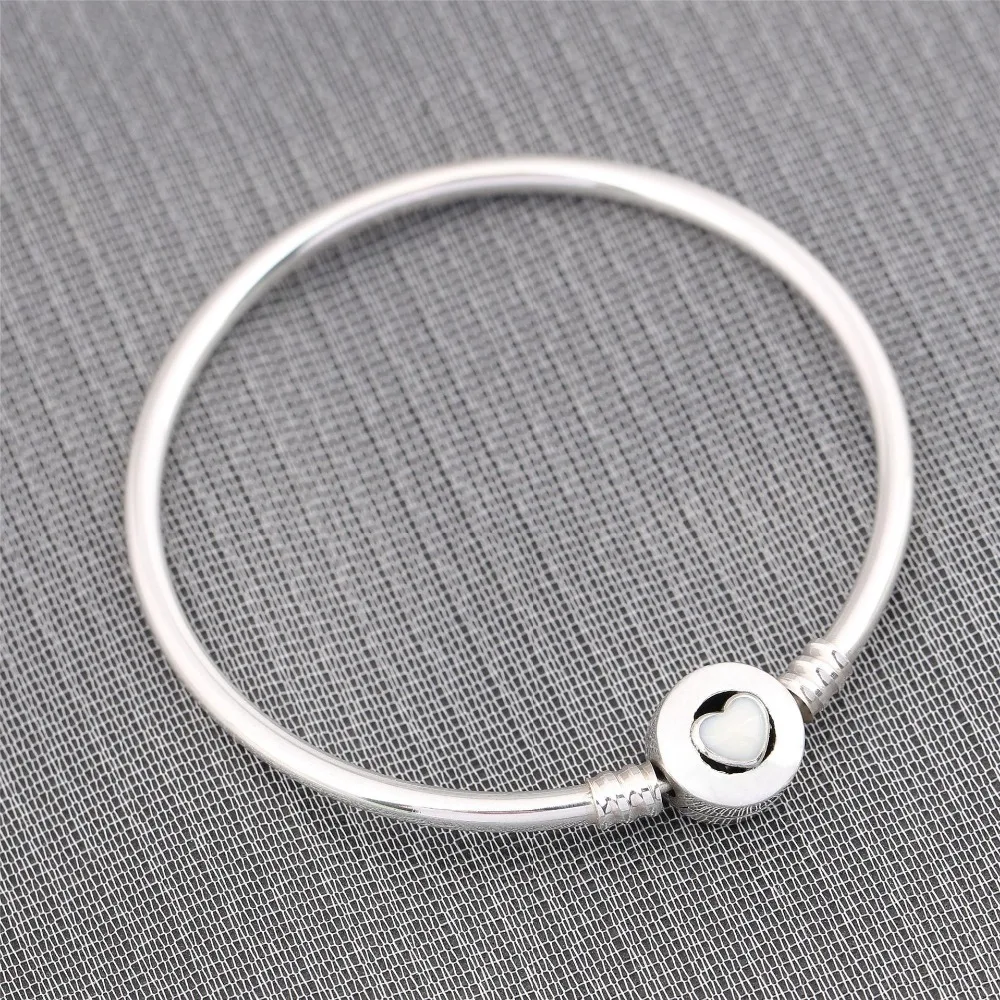 

100% 925 Sterling Silver Original Moments Loving Pink White Heart Clasp Silver Bangles Fit Pan Women Basic Bracelets DIY Jewelry