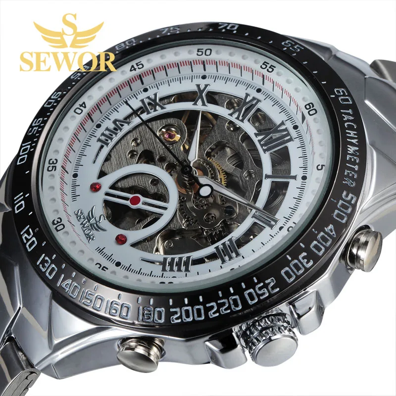 

SEWOR fashion skeleton full steel octagonal automatic mechanical mens Watch