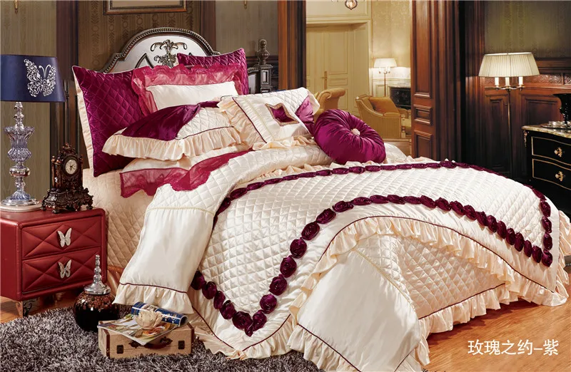 

4/6/8/10-Pieces Silk Embroidery rose Bed Set Luxury Bedding Sets King Size Queen Bed Set Duvet Cover Bed Sheet
