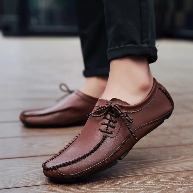 

2019 Spring/Summer Breathable Men Loafers Handmade Moccasins Leather Casual Shoes Slip On Flats Mens Driving Shoes Big Size Men