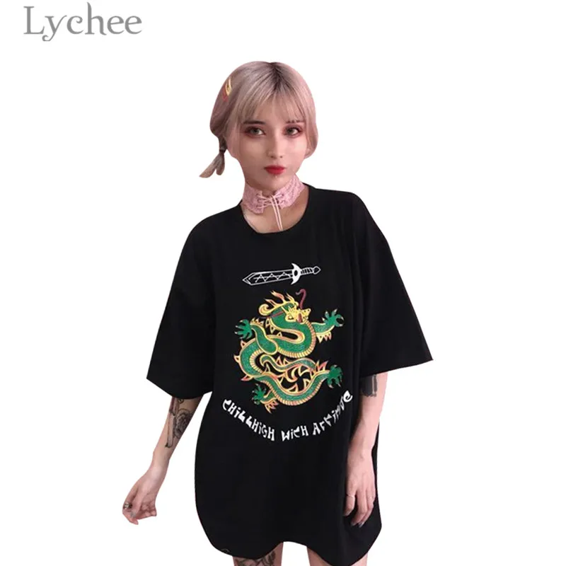 

Lychee Harajuku Women Dragon Sword Print T Shirt Casual Short Sleeve Loose O-neck Long T Shirt Tee Top Female