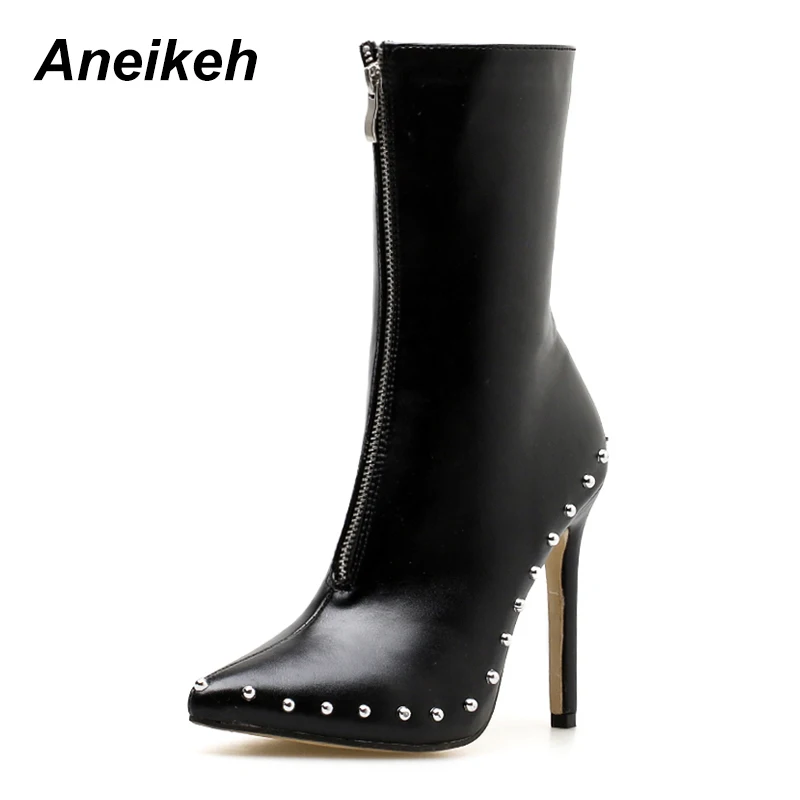 

Aneikeh 2019 New Spring & Autumn Size 35-42 Pointed Toe Zip Women's Boots Metal Decoration Sexy Rivet High Heels Ladies Boots