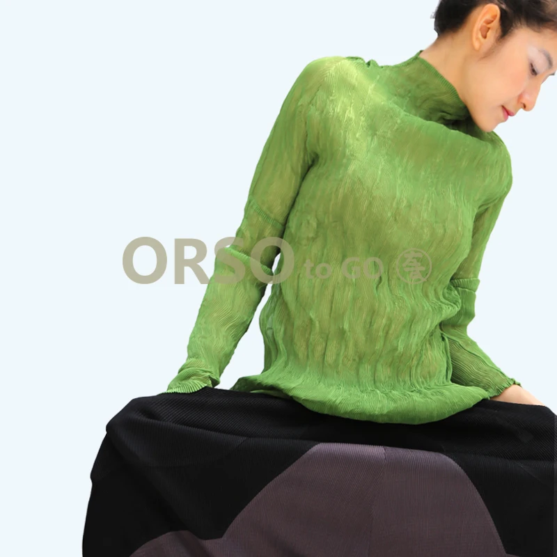 

Azterumi Pleats Summer Spring 2019 Women Sexy See Through Pleated T-shirt Stand Collar Tees Black Gray Orange Green Blue Tops