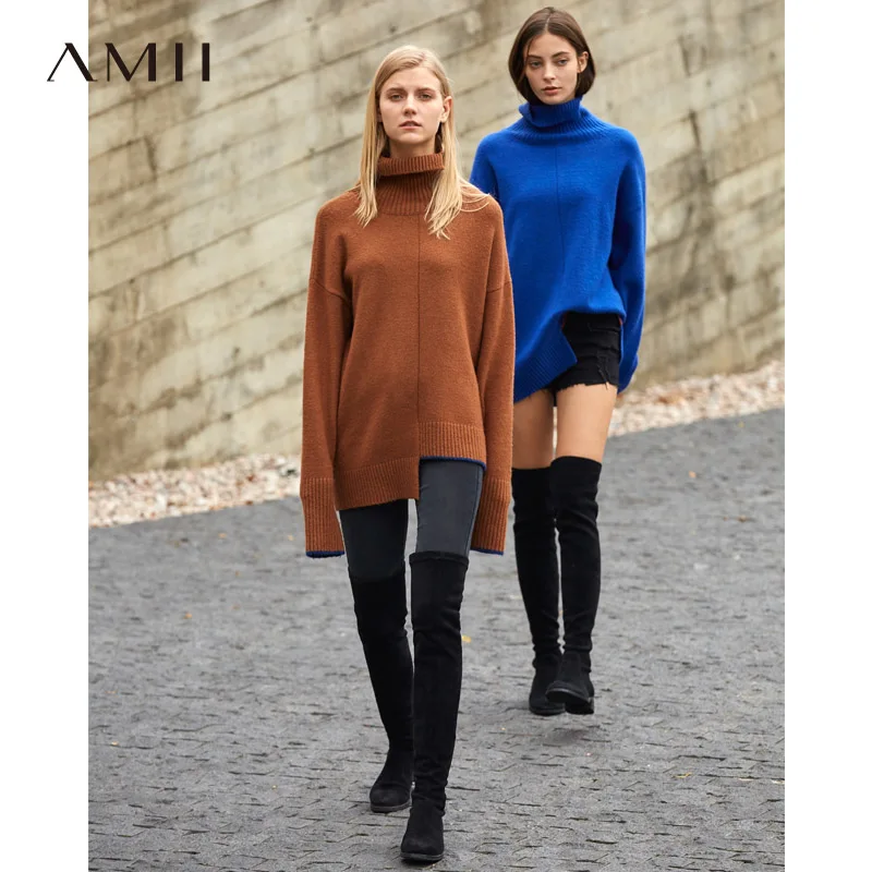 

Amii Minimalist Women 2019 Autumn Sweater Chic Asymmetric Loose Contrast Color High Quality Female Pullovers Sweaters