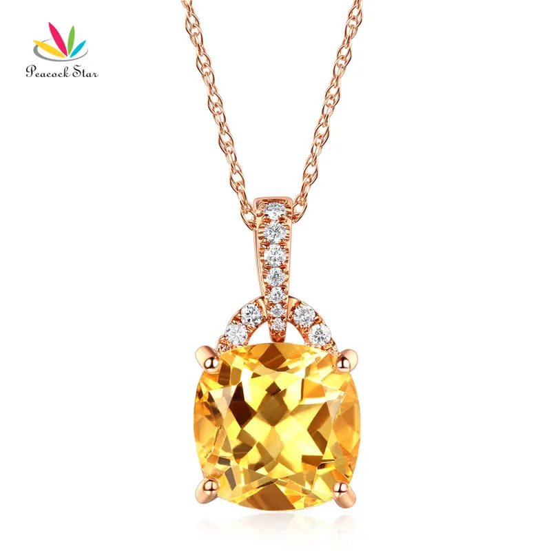 

Peacock Star 14K Rose Gold 4 Ct Cushion Citrine Pendant Necklace 0.1 Ct Diamond