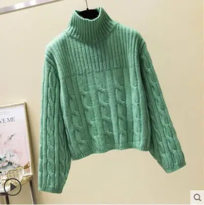 New Korean version Autumn winter Women Knitted Sweaters Pullovers Turtleneck Long Sleeve Loose Solid color Sweater Women - Цвет: Зеленый