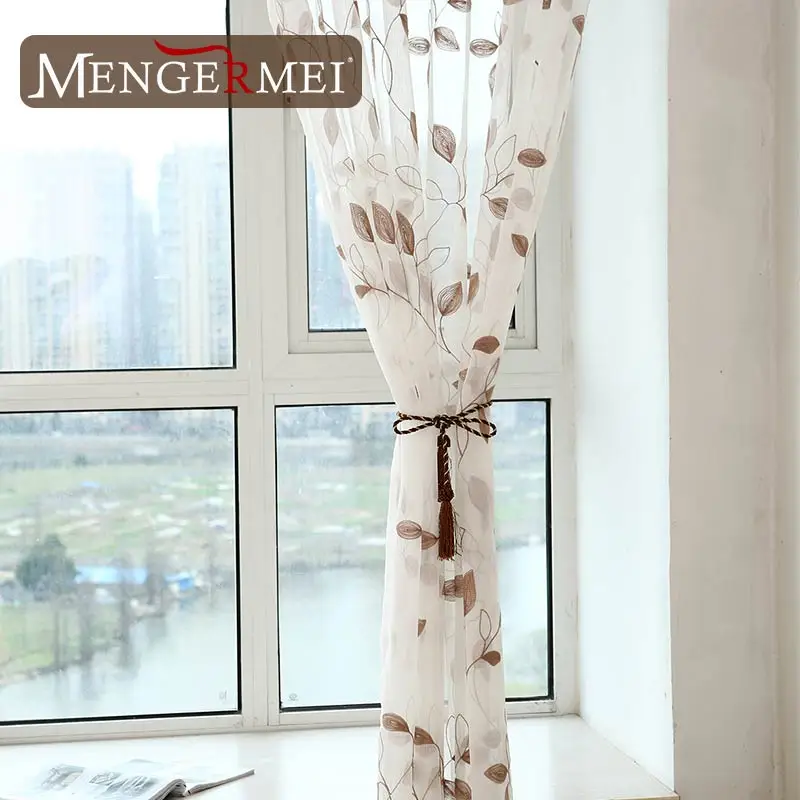 MENGERMEI Simple hojas cortina blanca bordada cortinas tul ventana tratamiento para dormitorio sala de estar XC19