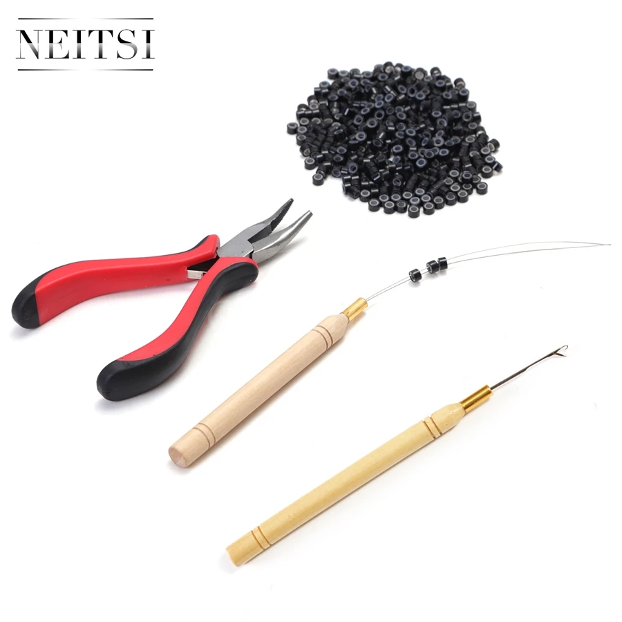 Conjunto de Ferramentas de Cabelo para Extensões de Cabelo Alicate + 1pc Agulhas + 1pc Extrator + 500 Neitsi Gancho Loop Silicone Micro Anel Contas um 1pc Pçs