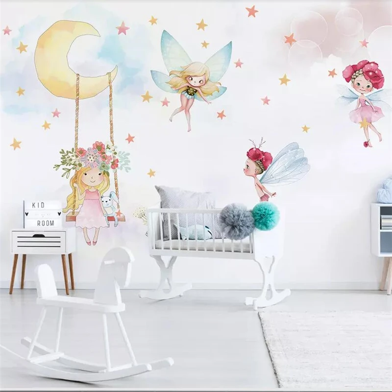 

beibehang Nordic modern minimalist hand-painted cute elf girl children's room background wall custom large mural green wallpaper