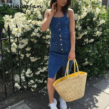 Denim Dress For Women Fashion England Style Denim Button Dress Pocket Brief Solid Sleeveless Empire Square Collar Dresses Female button front sleeveless dress