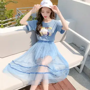 

2 Piece Set 2019 Summer Women's Cotton Long T-shirt Dress + Tulle Tutu Midi Skirt Sets High Waist Fashion Skirts Suits Clothing