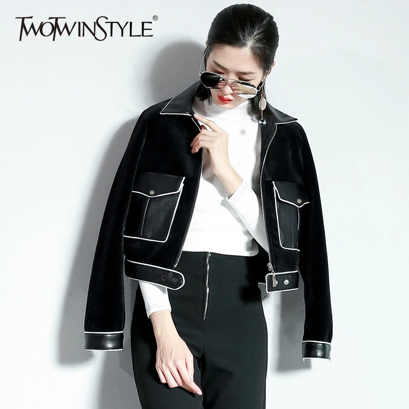 

TWOTWINSTYLE PU Velvet Short Bomber Jackets Women Autumn Long Sleeve Warm Basic Coat Black Big Pockrts Female Casual Clothing