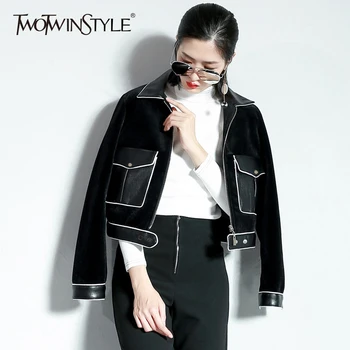 

GALCAUR PU Velvet Short Bomber Jackets Women Autumn Long Sleeve Warm Basic Coat Black Big Pockrts Female Casual Clothing