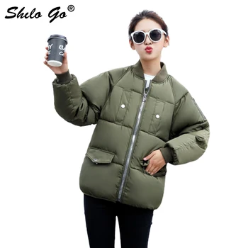 

Back Shining Embroidery women O Neck baseball jacket parkas Winter Casual warm coat thicken army green bomber outwear