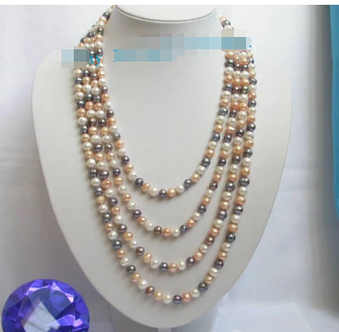 

longest 100" 8mm white pink lavender pearls necklaceNoble style Natural Fine jewe fast SHIPPING
