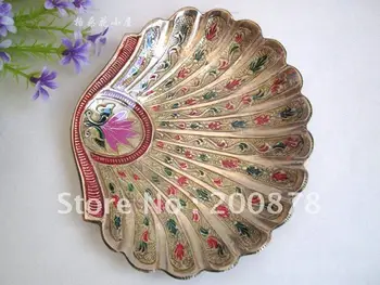 

HDC0635 Indian brass hand painted Peacock Fruit Plate,5 '',Yoga bar decor arts,family metal handicrafts