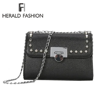 

Herald Fashion Quality Leather Women Messenger Bag with Rivets Vintage Chain Female Shoulder Bags Small Ladies' Crossbody Bags