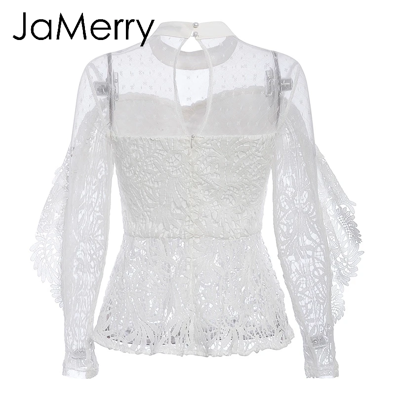 JaMerry Vintage ruffled white lace mesh embroidery blouse shirt Elegant hollow out long sleeve female tops Sexy party tops