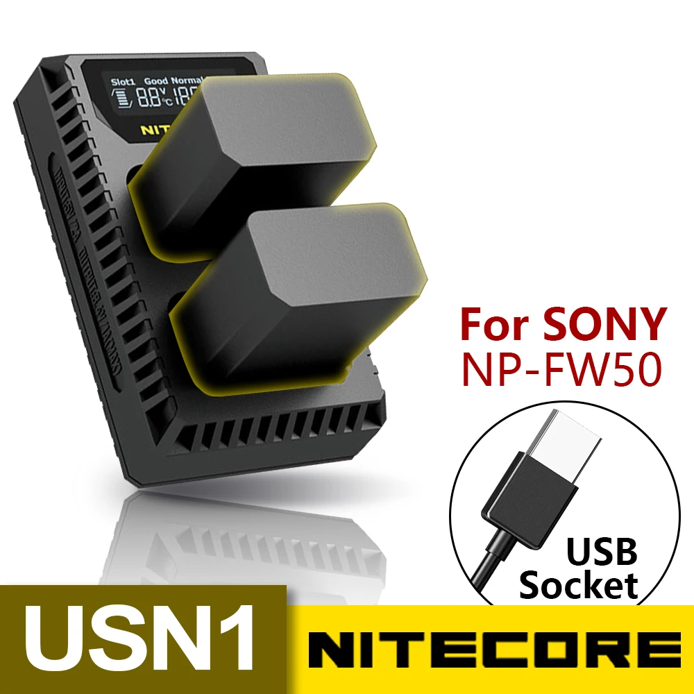 

Nitecore USN1 Digital Dual Slot Travel Camera Charger For Sony NP-FW50 Batteries a5000 a5100 a6000 a6300 a6500 a7 II a7R a7R2