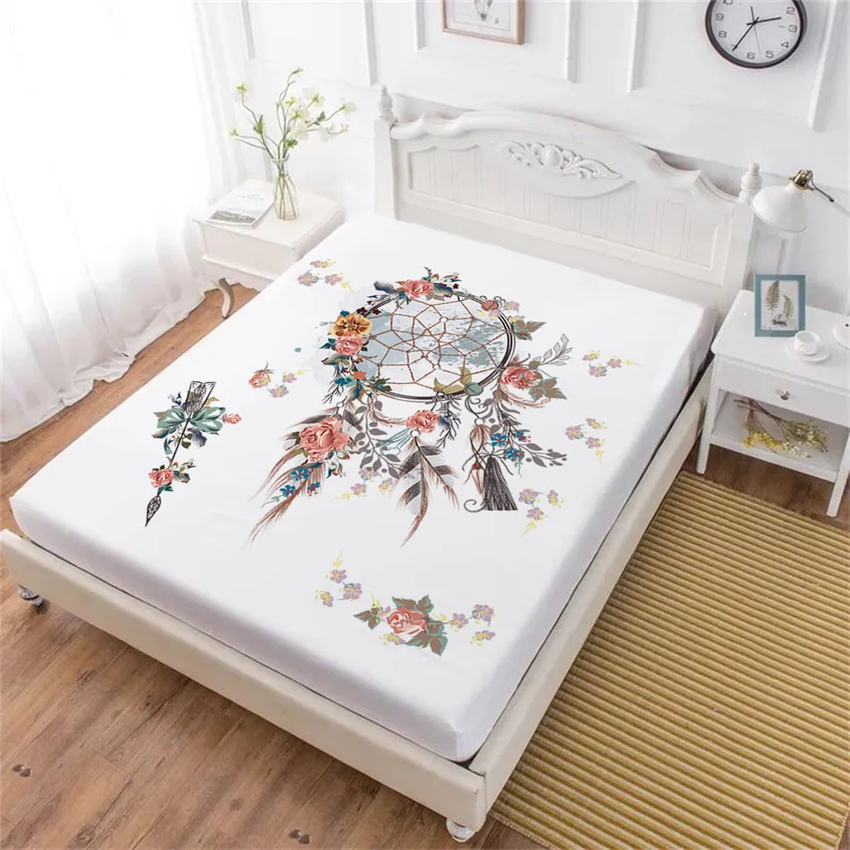 Dream Catcher Series Fitted Sheet Colorful Feather Print Bed Sheet Owl Eagle Print Sheets Elastics Band
