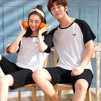 

100% Cotton Couples Short Sleeve Pajama Sets for Women 2019 Summer Cute Cartoon Shorts Sleepwear Men Homewear Lover Pijama Mujer
